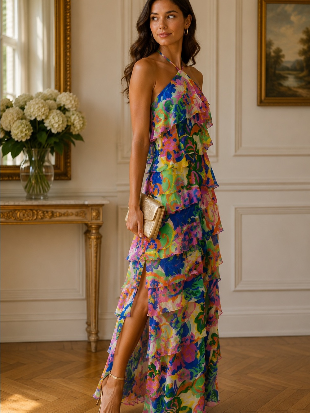 NWT Amanda Uprichard Multicolor Floral Tiered Maxi Dress